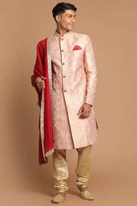 Men's Pink And Gold Silk Blend Sherwani Set With Maroon Dupatta