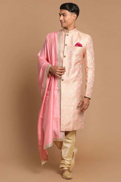 Men's Pink And Gold Silk Blend Sherwani Set With Pink Dupatta