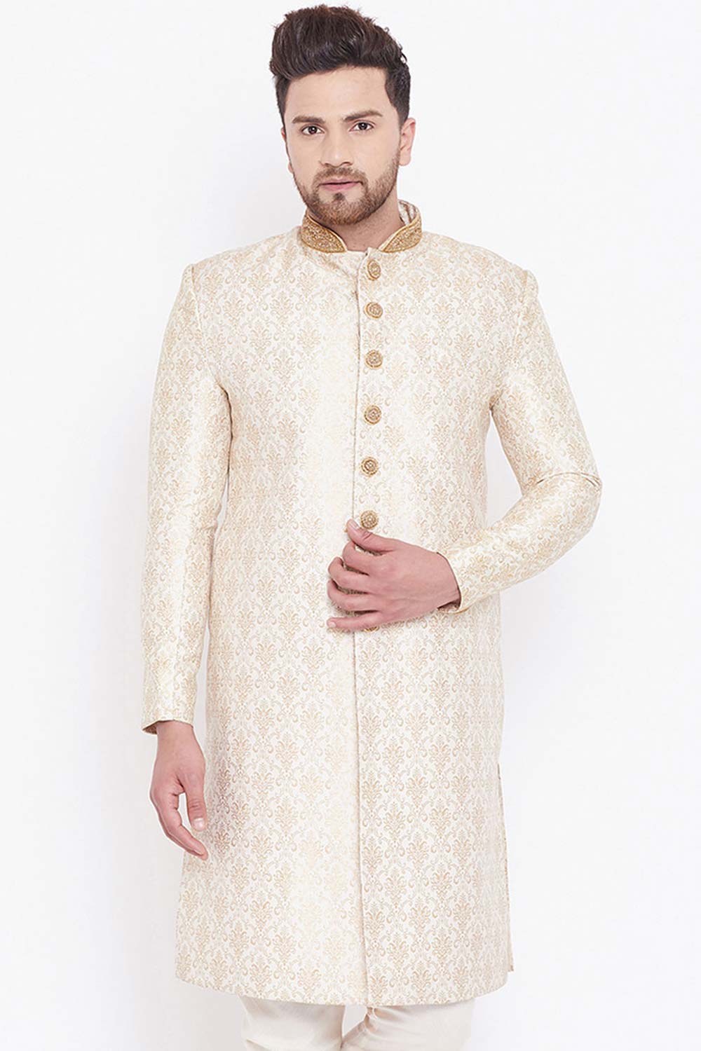 Men's Beige And Gold Silk Blend Embroidered Brocade Sherwani Only Top