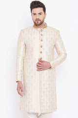 Men's Beige And Gold Silk Blend Embroidered Brocade Sherwani Only Top