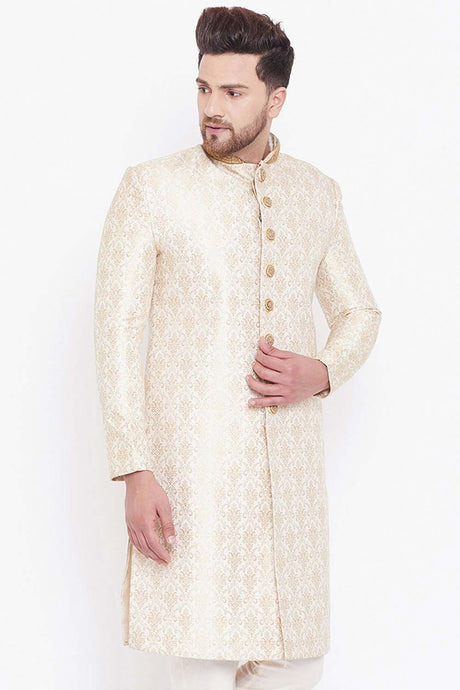 Men's Beige And Gold Silk Blend Embroidered Brocade Sherwani Only Top