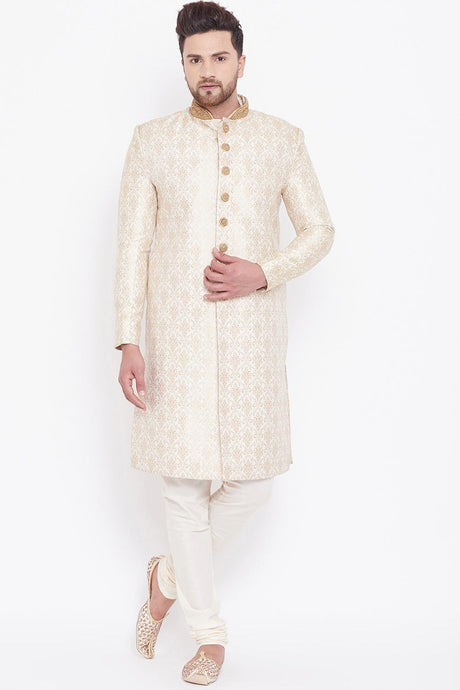 Shop Beige And Gold Woven Design Sherwani Set Online For Men