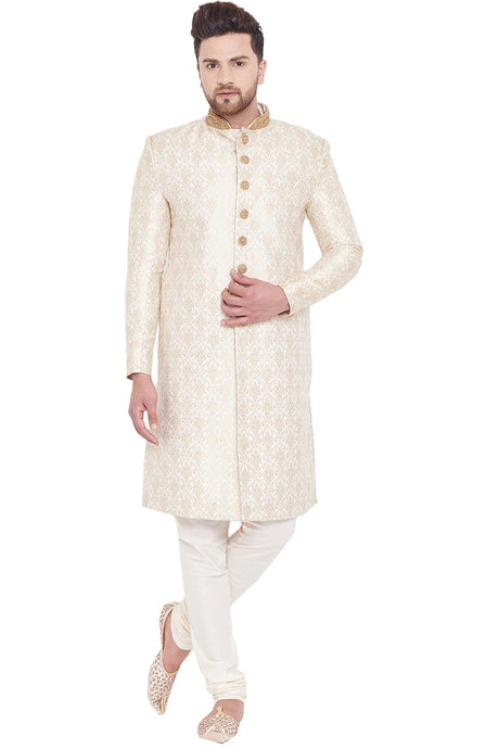 Buy Men's Art Silk Woven Design Sherwani Set in Beige And Gold