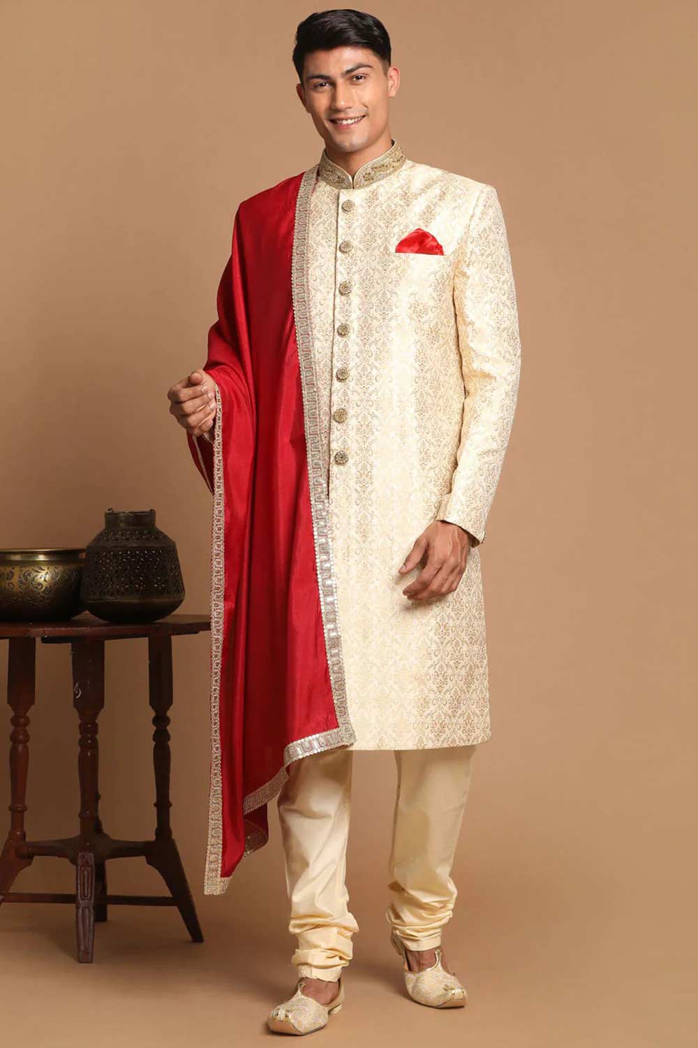 Men's Beige And Gold Silk Blend Embroidered Brocade Sherwani Set With Maroon Dupatta