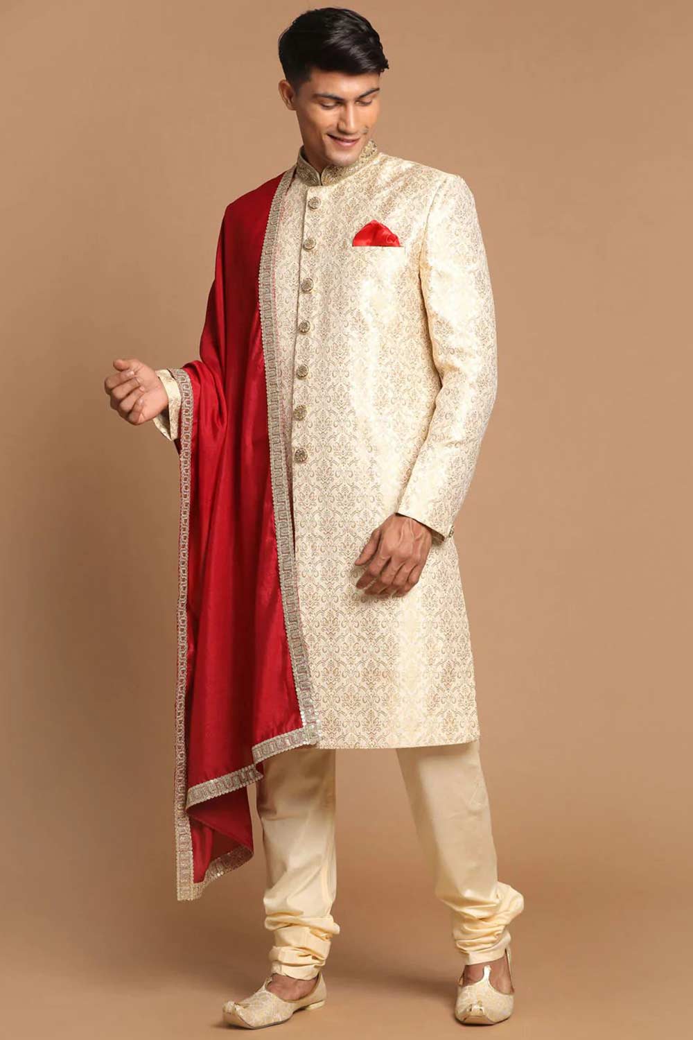 Men's Beige And Gold Silk Blend Embroidered Brocade Sherwani Set With Maroon Dupatta