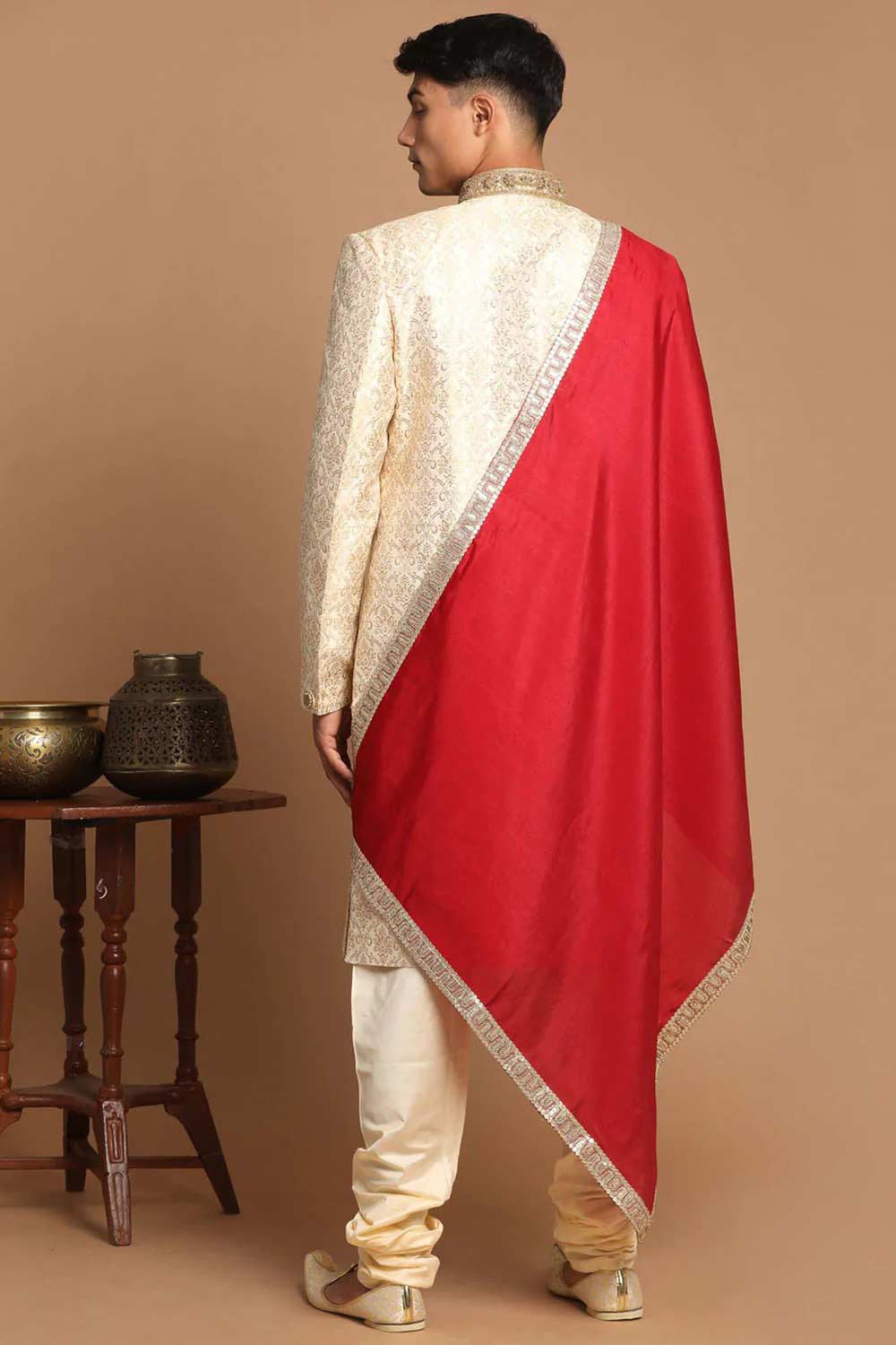 Men's Beige And Gold Silk Blend Embroidered Brocade Sherwani Set With Maroon Dupatta