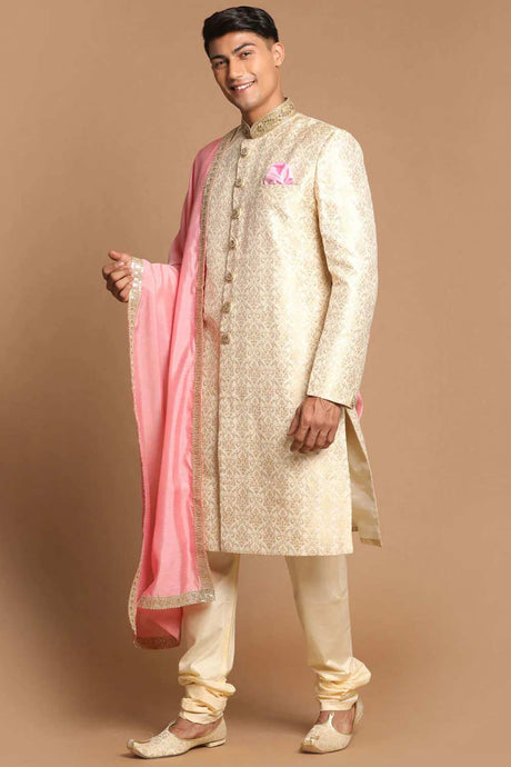 Men's Beige And Gold Silk Blend Embroidered Brocade Sherwani Set With Pink Dupatta
