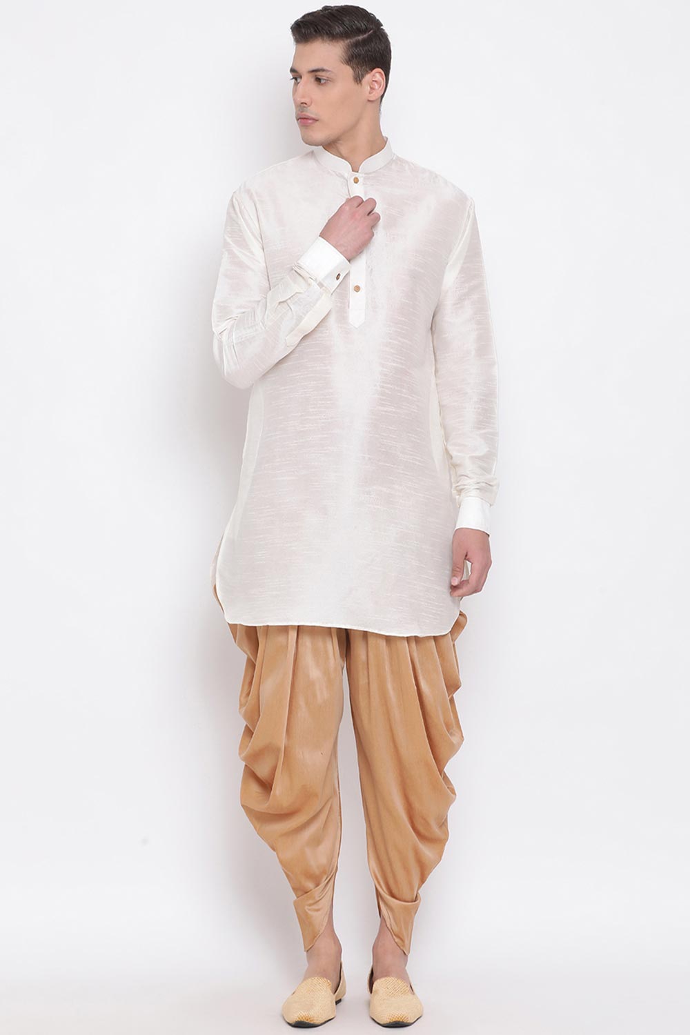 Cream Silk Solid Long Kurta.