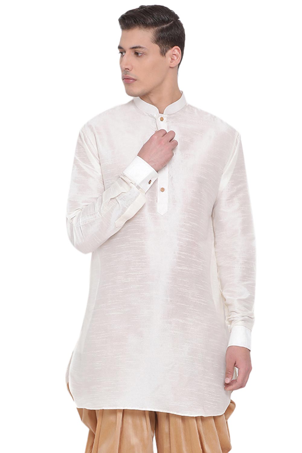 Buy Blended Silk Solid U Kurta in Cream