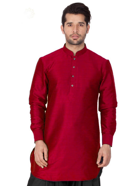 Men's Cotton Art Silk Solid Kurta in Maroon