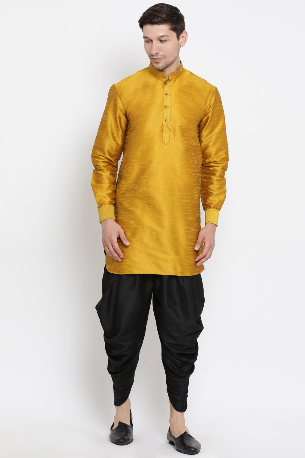 Men's Cotton Art Silk Kurta Set In Yellow