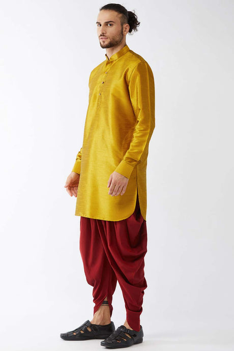 Buy Men's Blended Silk Solid Kurta Set in Mustard - Front