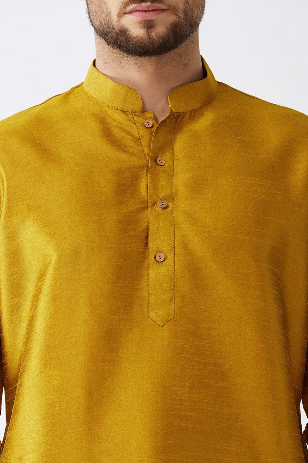 Buy Men's Blended Silk Solid Kurta Set in Mustard - Side