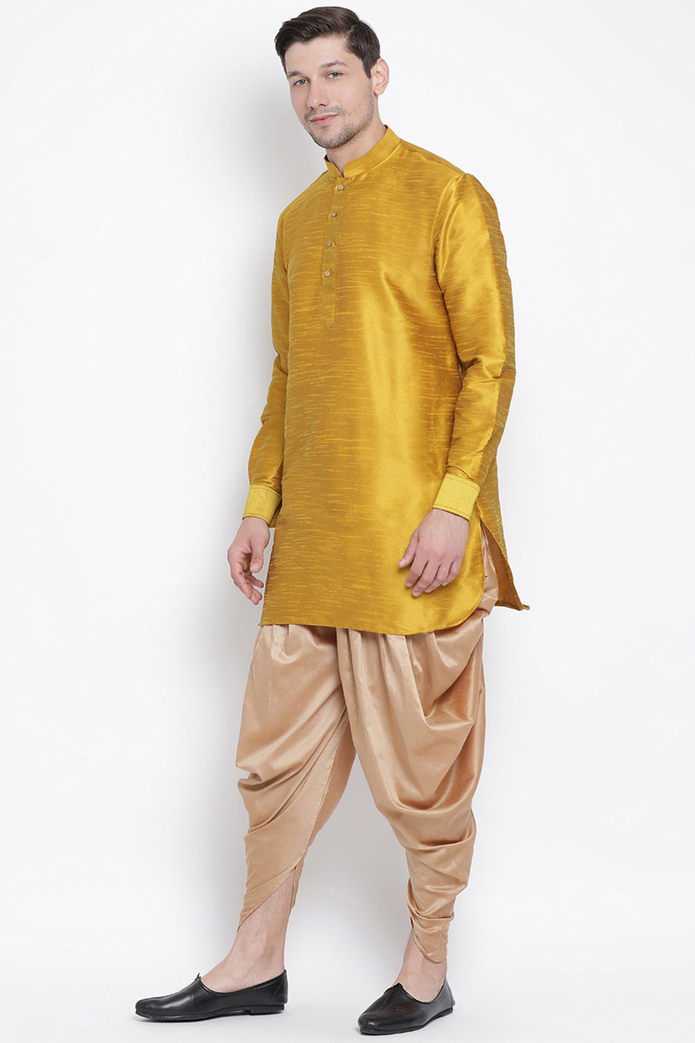 Men's Cotton Art Silk Kurta Set In Yellow