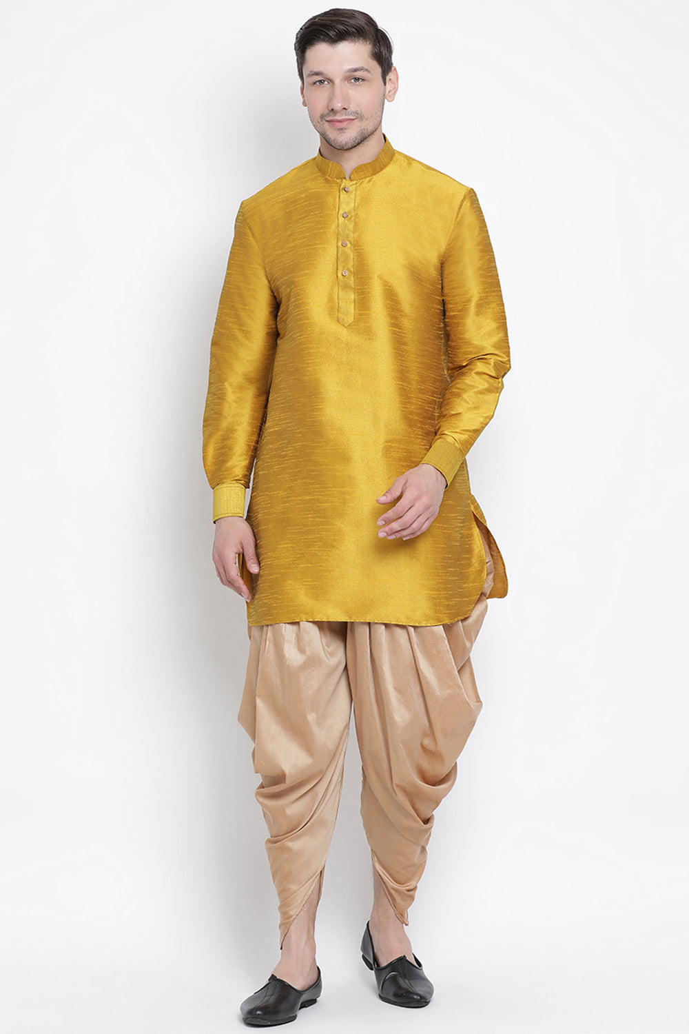 Men's Cotton Art Silk Kurta Set In Yellow