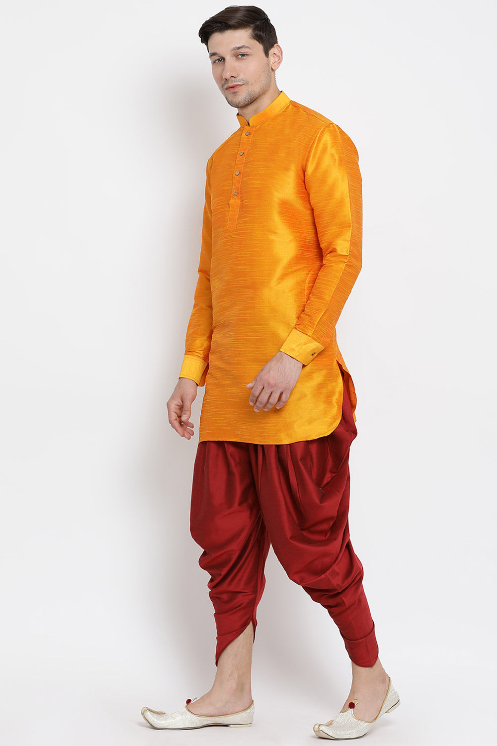 Men's Cotton Art Silk Kurta Set In Orange