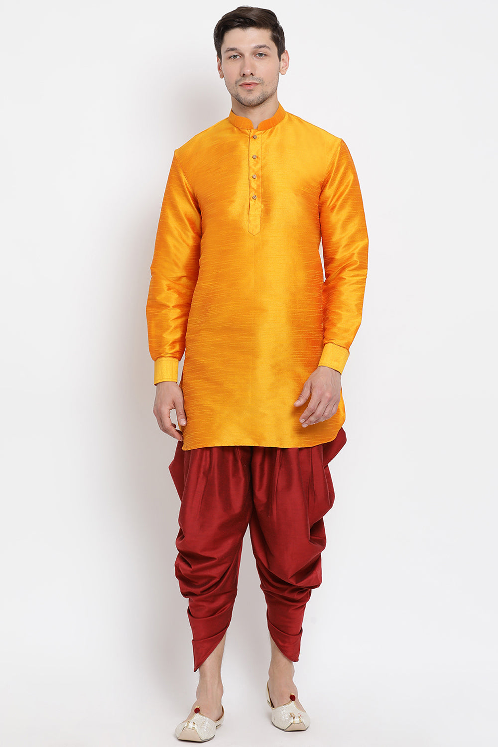 Men's Cotton Art Silk Kurta Set In Orange