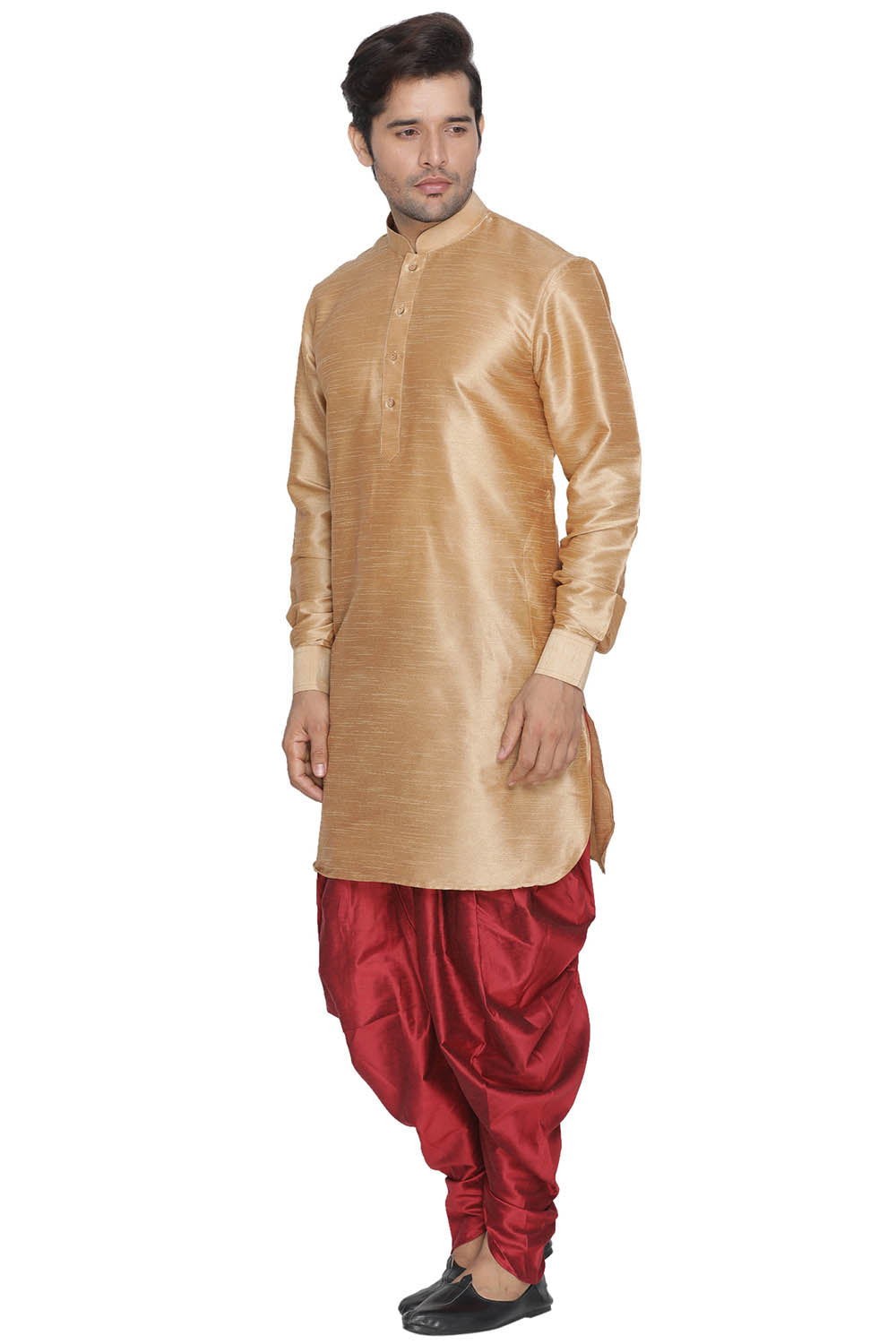 Men's Cotton Art Silk Kurta Set In Gold