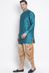 Men's Cotton Art Silk Kurta Set in Dark Green