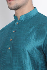 Men's Cotton Art Silk Kurta Set In Dark Green