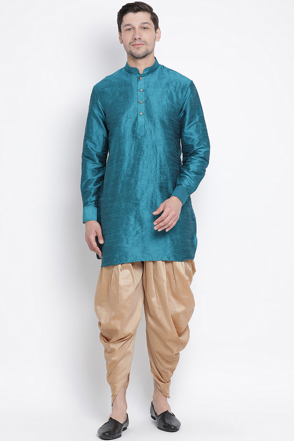 Men's Cotton Art Silk Kurta Set In Dark Green