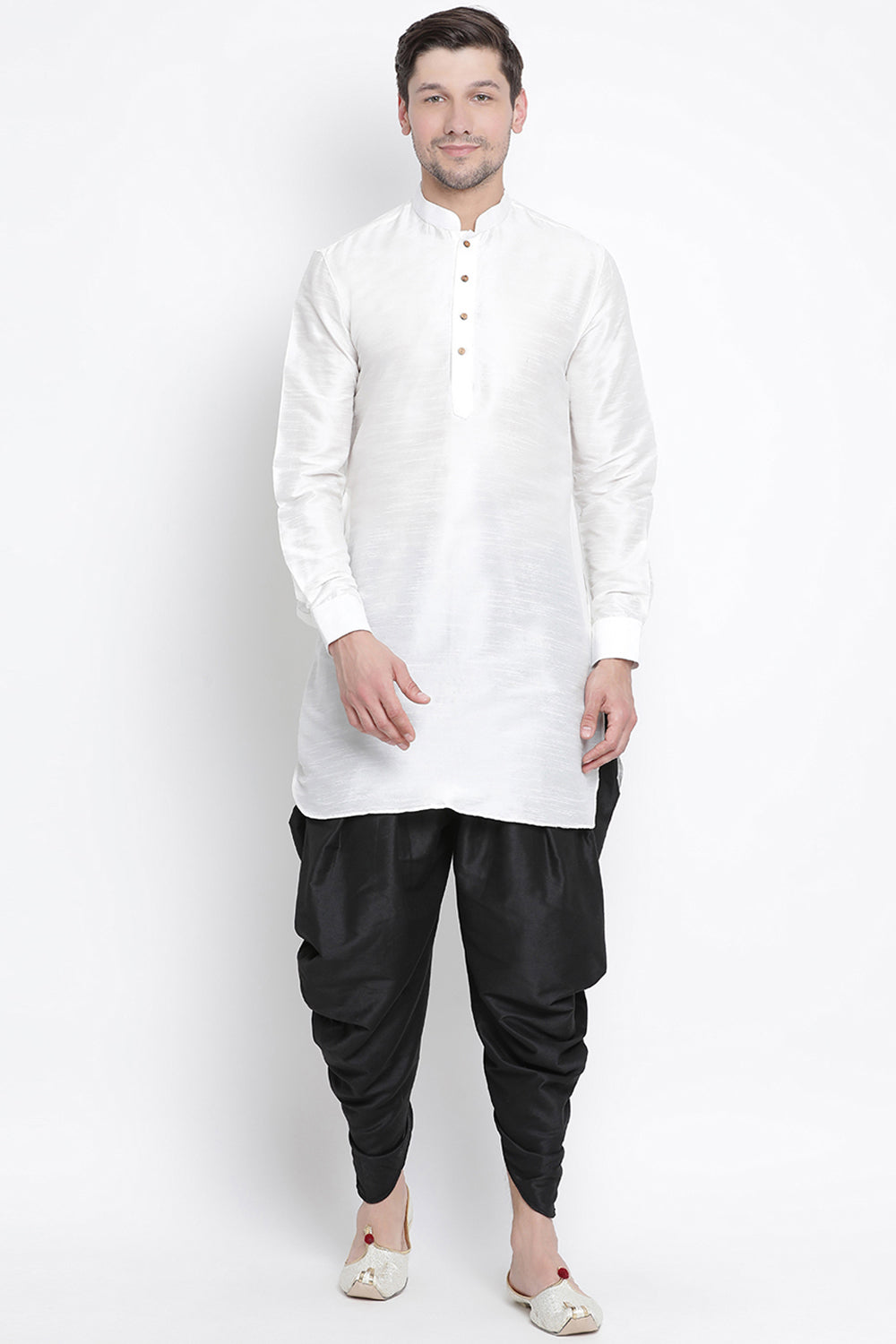 Men's Cotton Art Silk Kurta Set In White