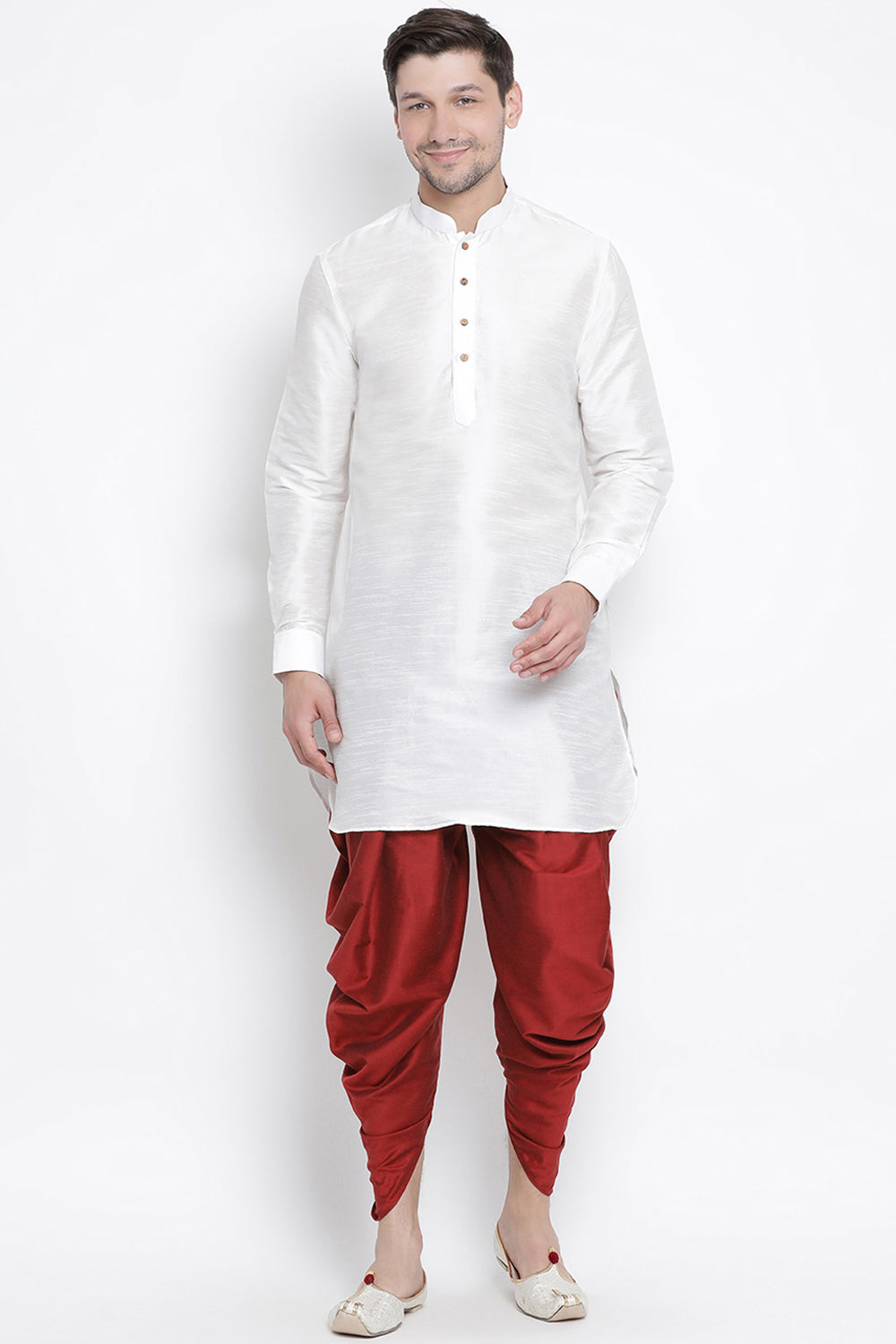 Men's Cotton Art Silk Kurta Set In White