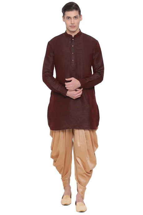 Buy Men's Art Silk Solid Kurta and Dhoti Set in Wine