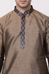 Men's Cotton Art Silk Kurta Set in Bronze