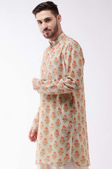 Buy Men's Muslin Cotton Floral Printed Kurta in Grey - Front