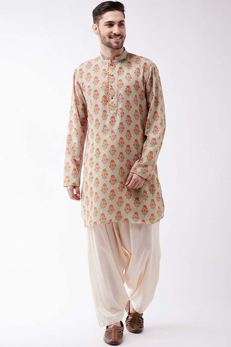 Buy Men's Muslin Cotton Floral Printed Kurta Set in Grey