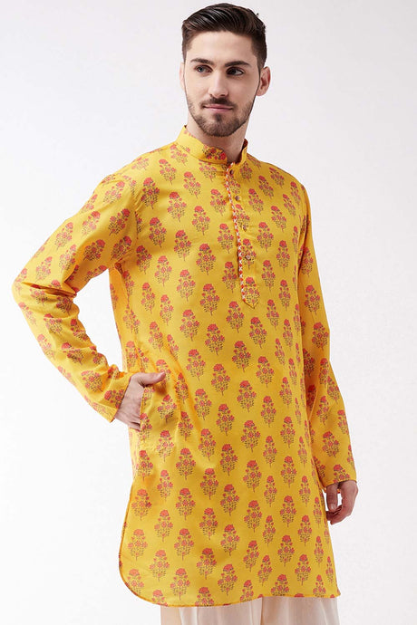 Buy Men's Muslin Cotton Floral Printed Kurta in Yellow - Front