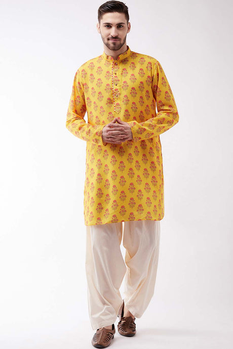 Buy Men's Muslin Cotton Floral Printed Kurta Set in Yellow