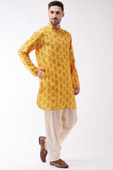 Buy Men's Muslin Cotton Floral Printed Kurta Set in Yellow - Front