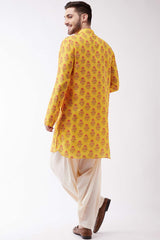 Buy Men's Muslin Cotton Floral Printed Kurta Set in Yellow - Back