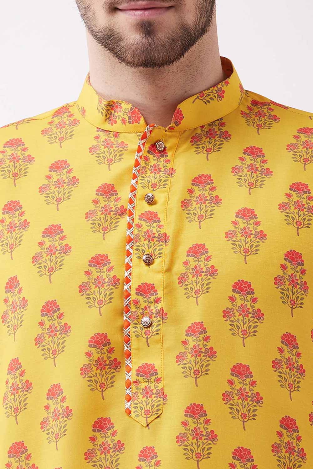 Buy Men's Muslin Cotton Floral Printed Kurta Set in Yellow - Side