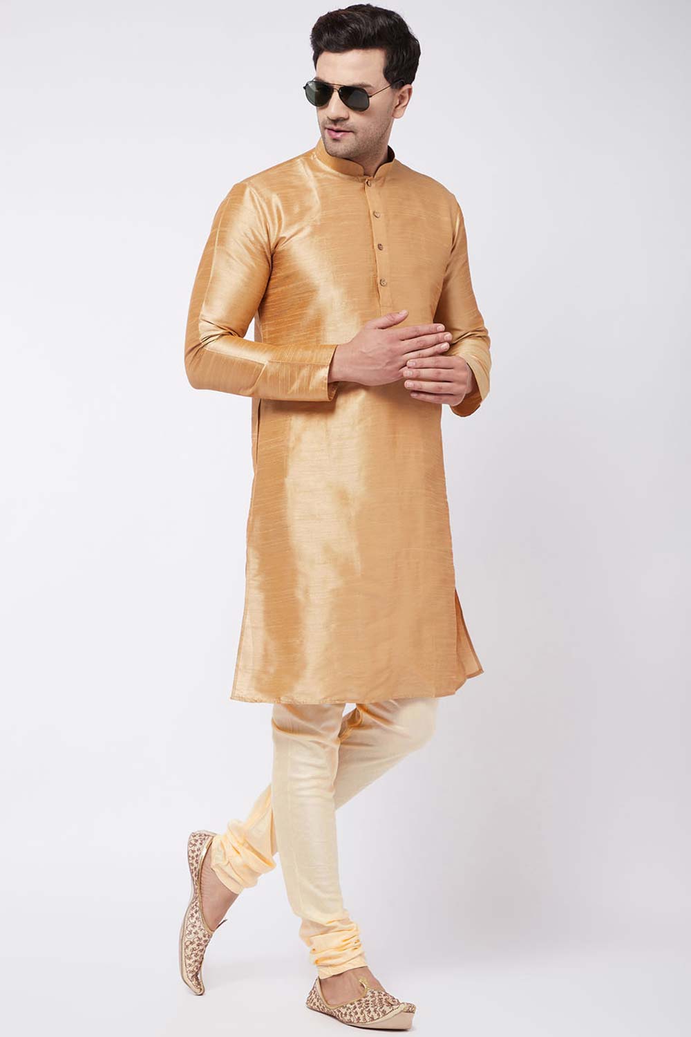 Buy Men's Viscose Blend Solid Churidar in Gold - Zoom in