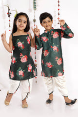 Green Boys Cotton Blend Kurta And Dhoti Set & Girls Floral Printed Cotton Silk Kurta And Tulip Pants