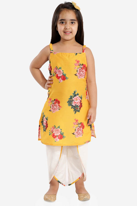 Boys Yellow Cotton Blend Kurta And Dhoti Set & Girls Floral Printed Cotton Silk Kurta And Tulip Pants