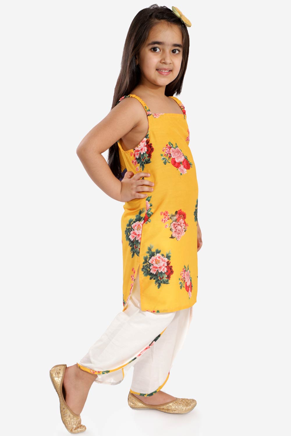 Boys Yellow Cotton Blend Kurta And Dhoti Set & Girls Floral Printed Cotton Silk Kurta And Tulip Pants