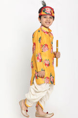 Boys Yellow Cotton Blend Kurta And Dhoti Set & Girls Floral Printed Cotton Silk Kurta And Tulip Pants