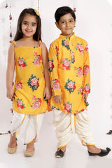 Boys Yellow Cotton Blend Kurta And Dhoti Set & Girls Floral Printed Cotton Silk Kurta And Tulip Pants