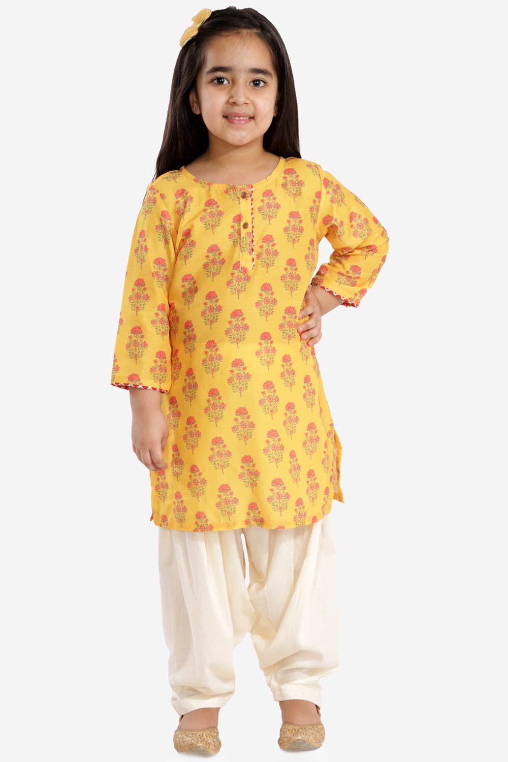 Boys Mustard And Cream Kurta Patiala Set & Girls Mustard And Cream Linen Kurta And Patiala Set