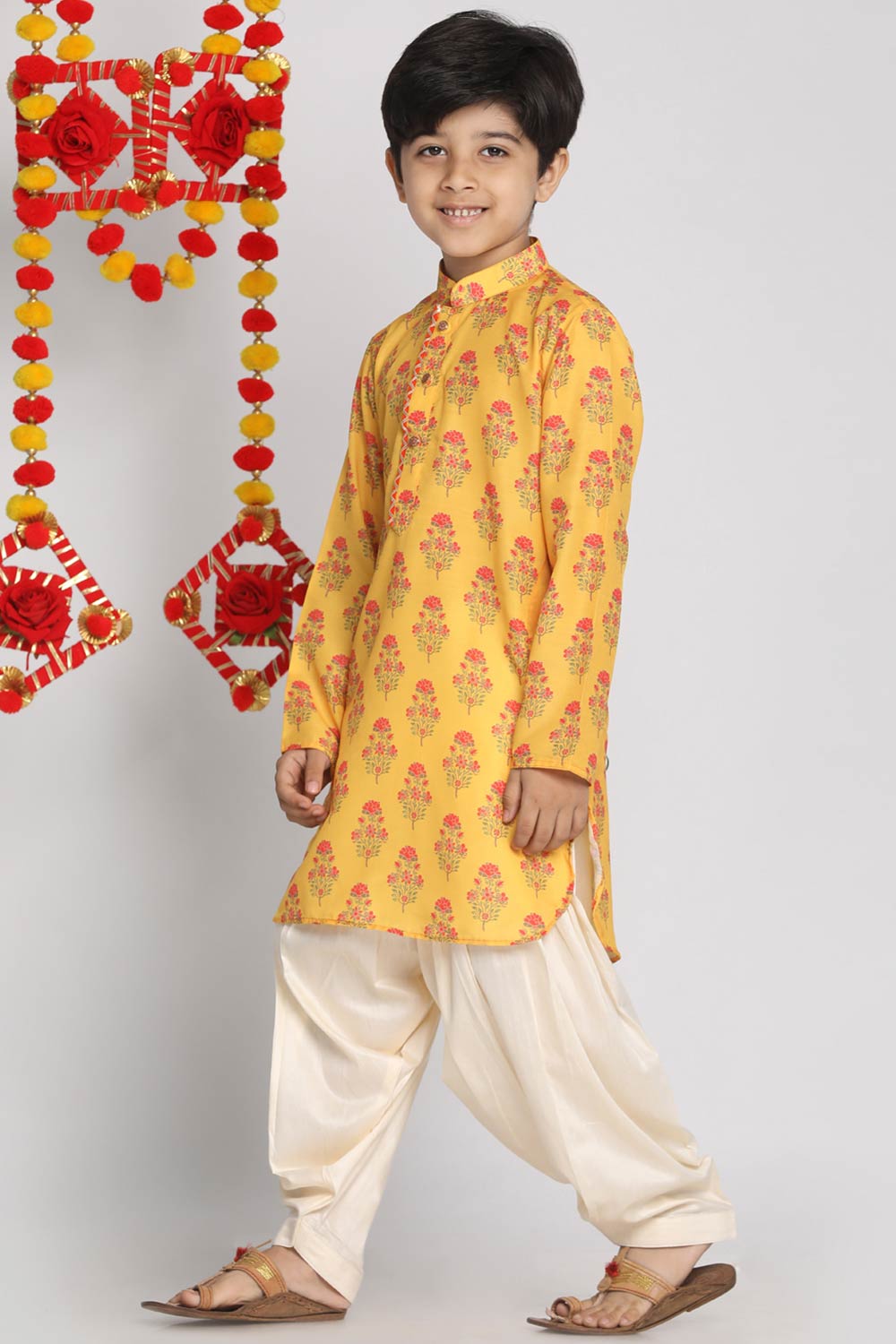 Boys Mustard And Cream Kurta Patiala Set & Girls Mustard And Cream Linen Kurta And Patiala Set