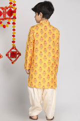 Boys Mustard And Cream Kurta Patiala Set & Girls Mustard And Cream Linen Kurta And Patiala Set