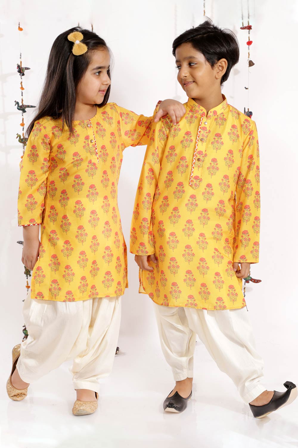 Boys Mustard And Cream Kurta Patiala Set & Girls Mustard And Cream Linen Kurta And Patiala Set