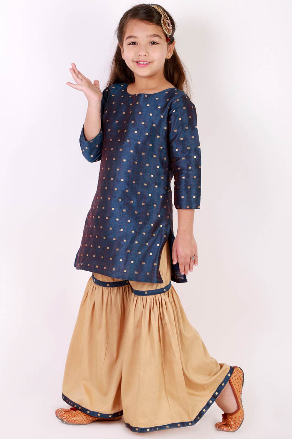 Boys Gold & Blue Silk Blend Jacket, Kurta And Pajama Set & Girls Jacquard Kurta With Sharara Set