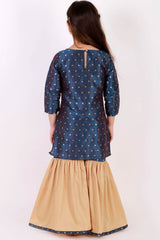 Boys Gold & Blue Silk Blend Jacket, Kurta And Pajama Set & Girls Jacquard Kurta With Sharara Set