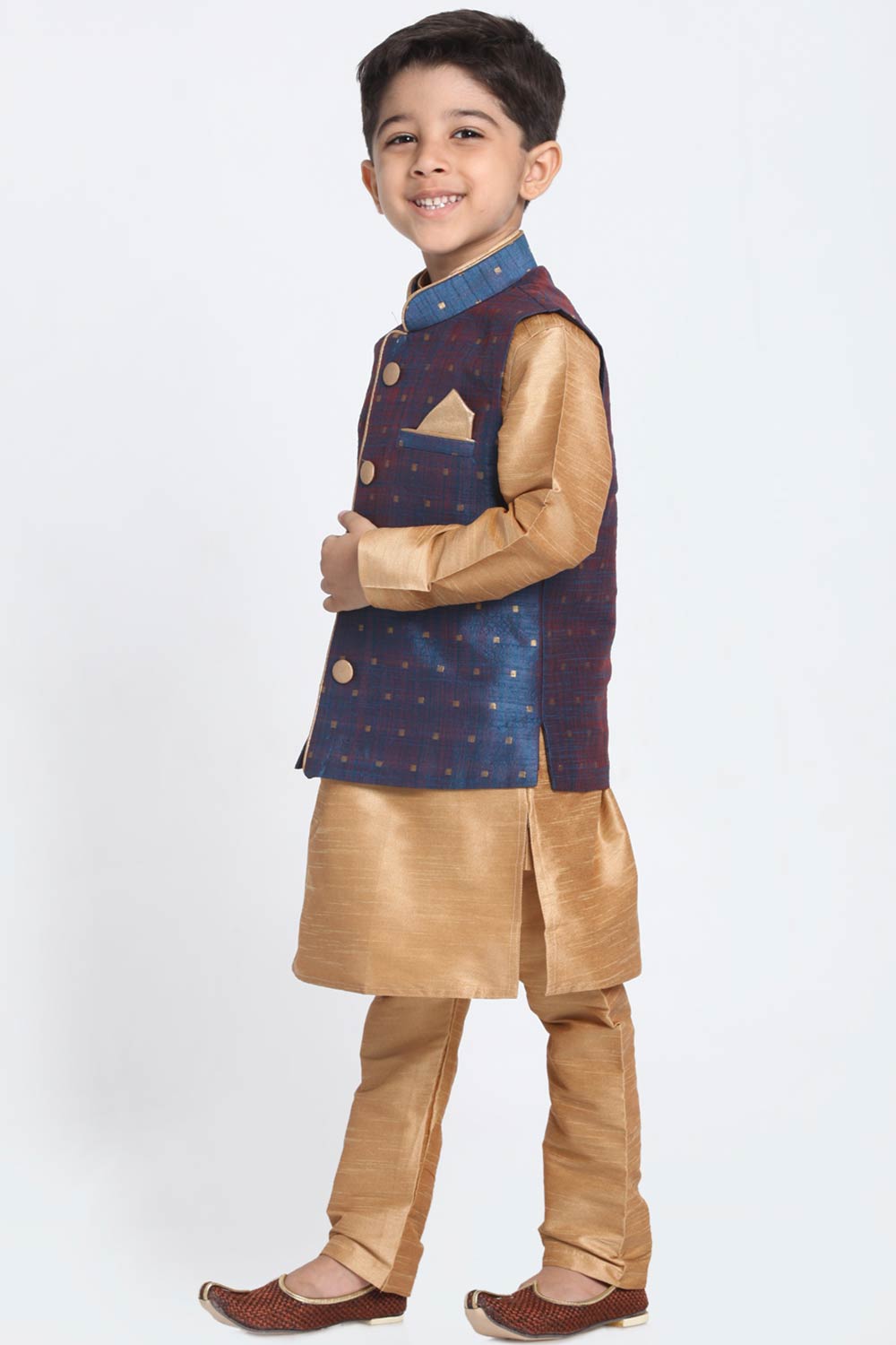 Boys Gold & Blue Silk Blend Jacket, Kurta And Pajama Set & Girls Jacquard Kurta With Sharara Set