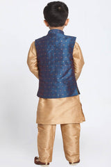 Boys Gold & Blue Silk Blend Jacket, Kurta And Pajama Set & Girls Jacquard Kurta With Sharara Set